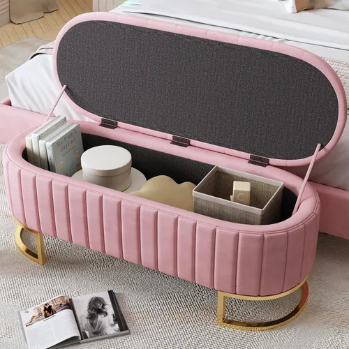 Miniatura 3 de CALABASH Banco otomano de almacenamiento rosa para el extremo de la cama, patas doradas, banco moderno de terciopelo con botones, acolchado tapizado