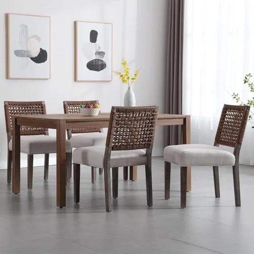 Miniatura 7 de Juego de 2 sillas de comedor de granja, sillas de comedor tapizadas con respaldo tejido a mano, asiento acolchado suave y patas de madera Beige