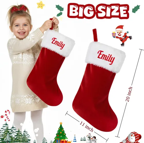 Miniatura 4 de Ulico Medias personalizadas de Navidad, medias familiares con nombre personalizado, media grande de terciopelo rojo de 20" con puño suave de felpa