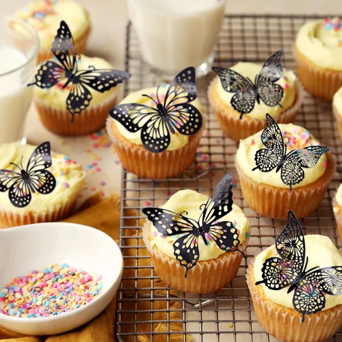 Miniatura 5 de Gyufise Paquete de 36 adornos de mariposa 3D con láser negro para cupcakes, decoración hueca para cumpleaños, boda, fiesta de hadas, calcomanías