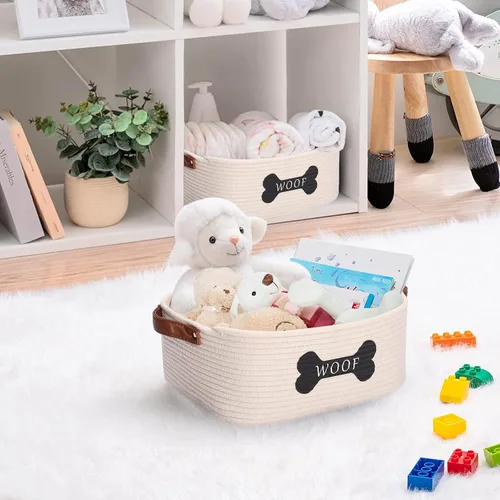 Miniatura 6 de Cesta de almacenamiento de juguetes de cuerda de algodón para perros, tamaño mediano, contenedor de juguetes para perros con asa, organizador