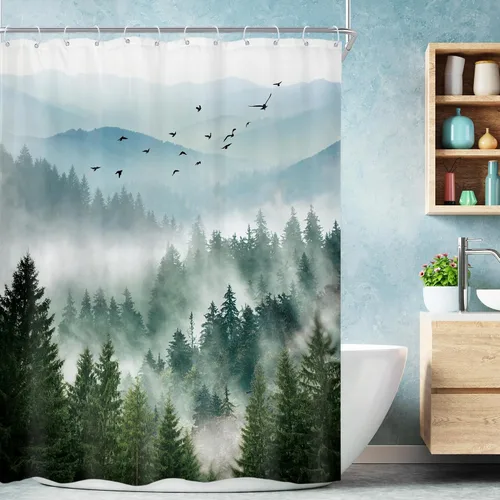 Miniatura 22 de Riyidecor - Cortina de ducha para baño pequeño de montaña, 36 pulgadas de ancho x 72 pulgadas de alto, verde, para RV, temática rústica, naturaleza