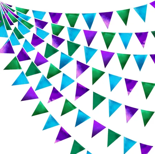 Miniatura 63 de Decoración de fiesta iridiscente de 33 pies, tela holográfica, banderín triangular, banderín de algodón, guirnalda de banderines para cumpleaños