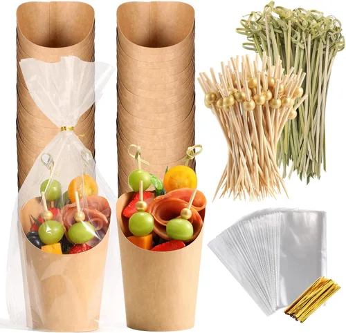 Miniatura 7 de 60 juegos de tazas desechables de charcutería con palillos y bolsas, 14 oz, cajas de aperitivos blancas de papel kraft, tazas para papas fritas