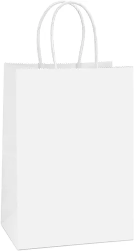BagDream Bolsas de regalo, 100 bolsas pequeñas de papel kraft de 5.25 x 3 x 8 pulgadas con asas a granel, bolsas de papel blanco para bodas, fiestas