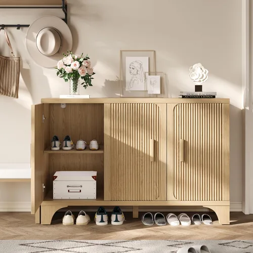 Miniatura 6 de Gabinete de buffet acanalado moderno de mediados de siglo con almacenamiento, aparador decorativo y armario de almacenamiento de credenza con Roble
