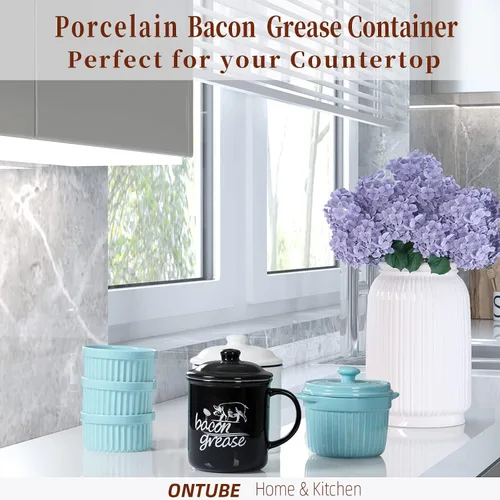 Miniatura 3 de ONTUBE Contenedor de grasa de tocino de cerámica con colador, recipiente para almacenamiento de aceite de cocina con colador para cocina