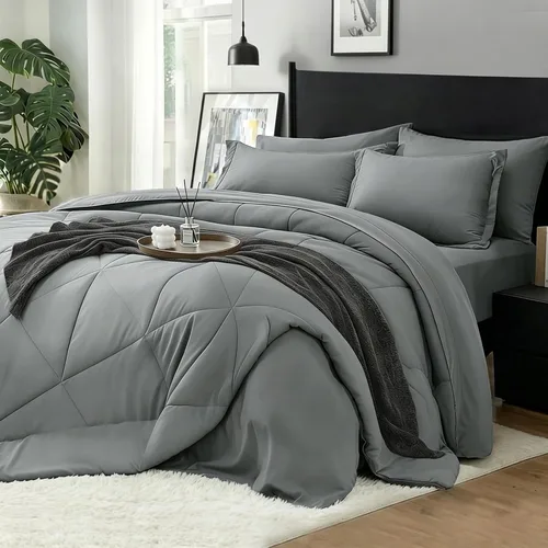 Miniatura 8 de BEDELITE Juego de edredón tamaño King de 7 piezas en una bolsa, juego de cama reversible de microfibra suave gris con edredones, sábanas, fundas