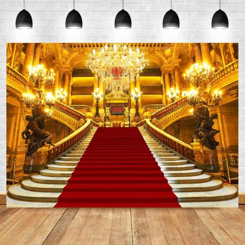 Miniatura 4 de Sensfun Telón de fondo rojo de palacio para fotografía, castillo dorado real, magnífico fondo europeo de fiesta, fondo de vinilo rojo para escenario
