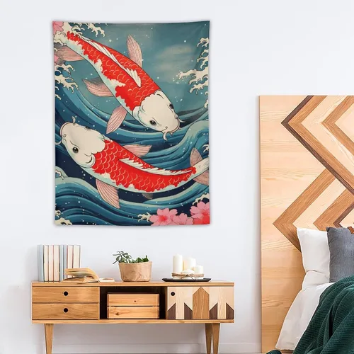 Miniatura 4 de QEOPGNE Tapiz de pared grande con diseño de pez Koi, grandes olas japonesas, flores de cerezo, banderas retro para habitación, sala de estar