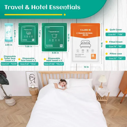 Miniatura 22 de Sábanas desechables para hotel, artículos esenciales de viaje con 2 toallas de baño desechables, 2 toallas faciales desechables y 4 piezas