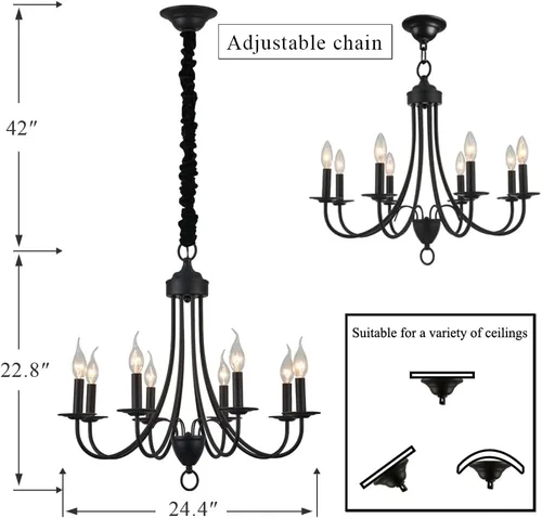 Miniatura 6 de Candelabro de granja negro de 6 luces, estilo rústico de luz industrial moderna, lámpara colgante para comedor, mesa de cocina, sala de estar