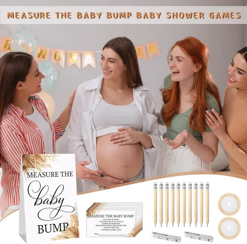 Miniatura 7 de Fumete Juego de 65 piezas para baby shower, incluye letrero bohemio de medir la protuberancia del bebé, 50 tarjetas de adivinanzas, 10 lápices, 2