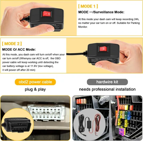 Miniatura 2 de Cable de alimentación OBD para cargador de cámara de tablero OBD2 a USB, 24 horas de vigilancia/modo Acc con botón de interruptor, adaptador
