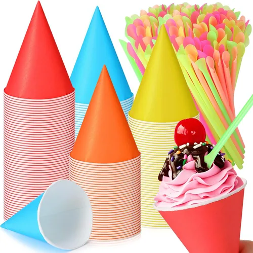 Miniatura 17 de Eaasty 200 tazas de cono de nieve y pajitas, cucharas de 4.5 onzas, popotes de papel desechables, cuchara de paja para aguanieve, helado afeitado