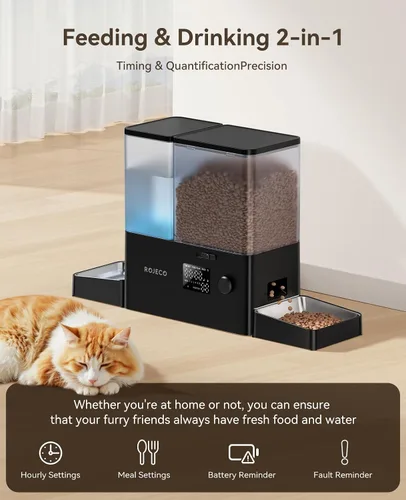 Miniatura 2 de Rojeco Dispensador Automático para Mascotas de 36 Tazas/8.5L y Dispensador de Agua por Gravedad, Juego de Cuencos de Acero Inoxidable 2-en-1 de Gran