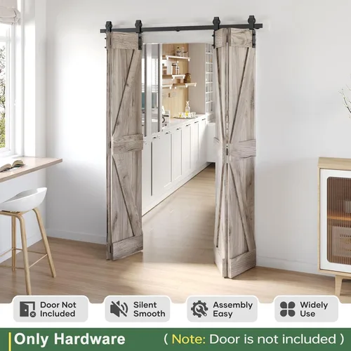 Miniatura 2 de Kit de riel de herrajes para puerta corrediza de granero plegable de 70 pulgadas, rodillo en forma de J negro montado en el lateral, suave y Negro-J
