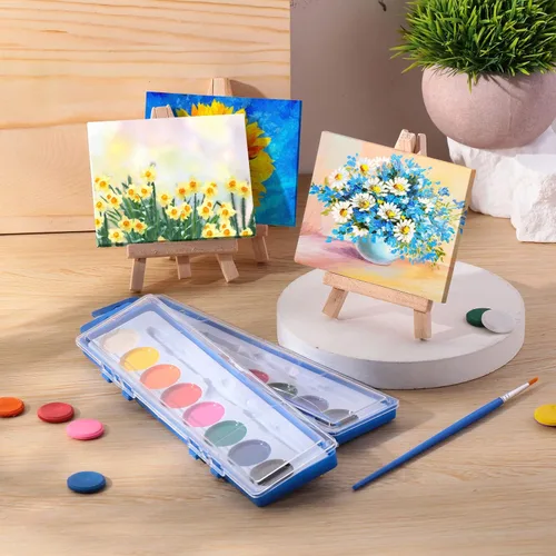 Miniatura 4 de Fuutreo Juego de 24 piezas de pintura de acuarela de 3 x 4 pulgadas, mini caballete de lienzo, juego de pinceles, recuerdos de fiesta de arte