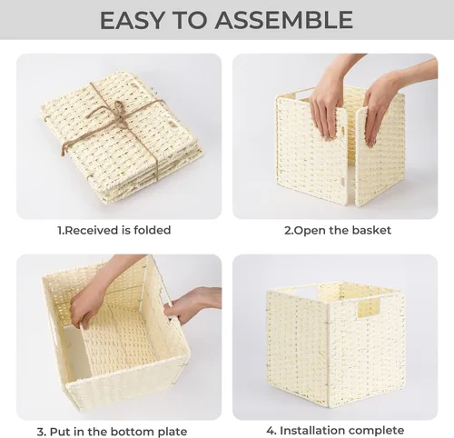 Miniatura 7 de StorageWorks Cestas de mimbre de 11 pulgadas, cubos de almacenamiento tejidos a mano con asas, cesta plegable de cuerda de papel para organizar