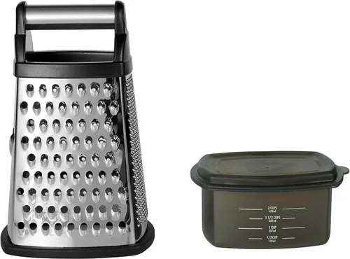 KitchenAid Gourmet - Rallador de caja de acero inoxidable de 4 lados para rejilla fina, media y gruesa, contenedor de almacenamiento desmontable de