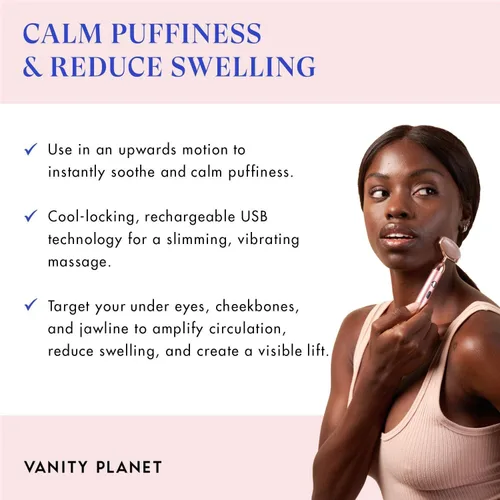 Miniatura 3 de Vanity Planet Rodillo vibrante de cuarzo rosa Rousa - Rodillo facial de piedra natural que ayuda a reducir las líneas finas y las arrugas - 13,000