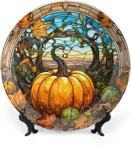 Platos decorativos, diseño de cristal de arce y calabaza, plato de cerámica para el hogar con soporte de exhibición, decoración para colgar en la