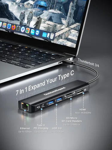 Miniatura 2 de Concentrador USB C Adaptador Multipuerto, DockteckExpand Dongle USB C 7 en 1 con Puerto HDMI 4K 60Hz, Ethernet de 1Gbps, 100W PD, 2 Puertos USB 3.0