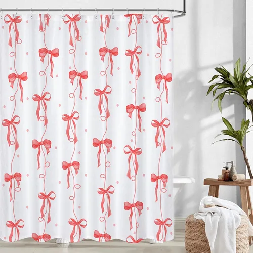 Miniatura 10 de Cortina de ducha con lazo negro, bonita cortina de ducha coqueta estética para adolescentes y niñas, decoración de tela impermeable con 12 ganchos