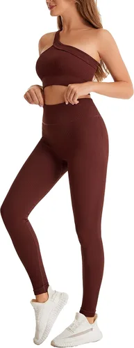 Miniatura 3 de Yknktstc Conjuntos de entrenamiento para mujer, brasier deportivo acanalado sin costuras, traje de 2 piezas, cintura alta, gimnasio, yoga, leggings