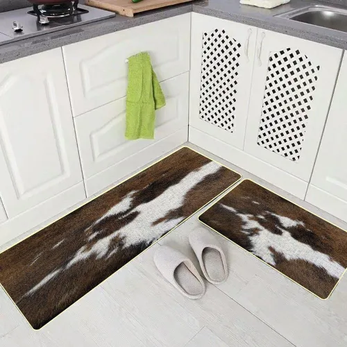Miniatura 7 de TOMWISH Alfombra con estampado de vaca, tapete de cocina de piel de vacuno para piso, 2 piezas, diseño de vaca occidental, antideslizante