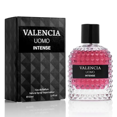 Valencia UOMO Intense for Men Eau De Parfum - Fragancia Amber Fougere Notas superiores de vainilla Bourbon tono medio de Lavandin Crea aroma picante