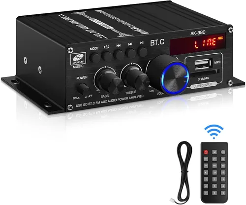 Amplificador de potencia de audio Bluetooth 5.0 AK-380 400W+400W 2.0 CH Receptor de amplificador estéreo HiFi con USB, SD, AUX, antena FM para
