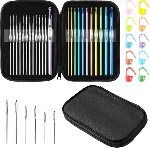 Tomorotec Art - Juego de ganchos de ganchillo metálicos multicolores, agujas de tejer de aluminio para manualidades de hilo con bolsa de
