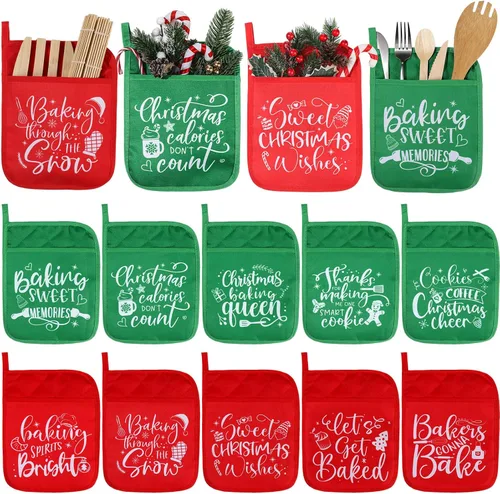 10 piezas agarraderas de Navidad con bolsillo, agarraderas para ollas, regalo de almohadillas térmicas resistentes al calor, guantes de horno, bolsa
