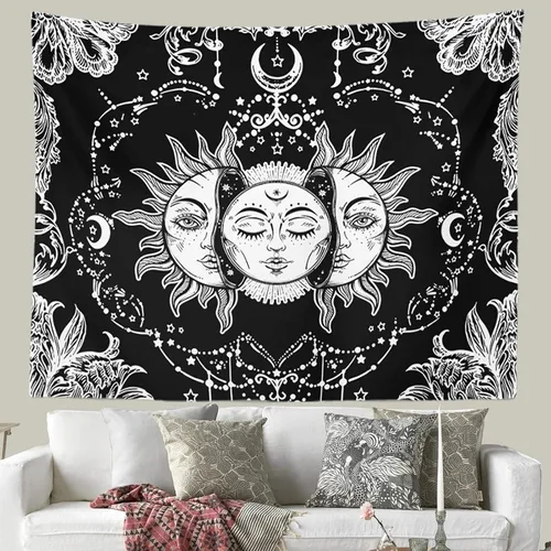 Miniatura 3 de Ftuency Tapiz de sol y luna, tapices en blanco y negro, sol ardiente místico con estrella, decoración para colgar en la pared para dormitorio