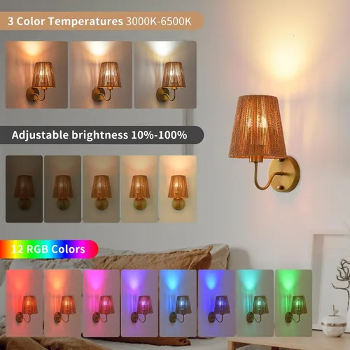 Miniatura 3 de Juego de 2 apliques de pared bohemios que funcionan con pilas, con pantalla de ratán dorado, luces de pared inalámbricas con bombillas recargables