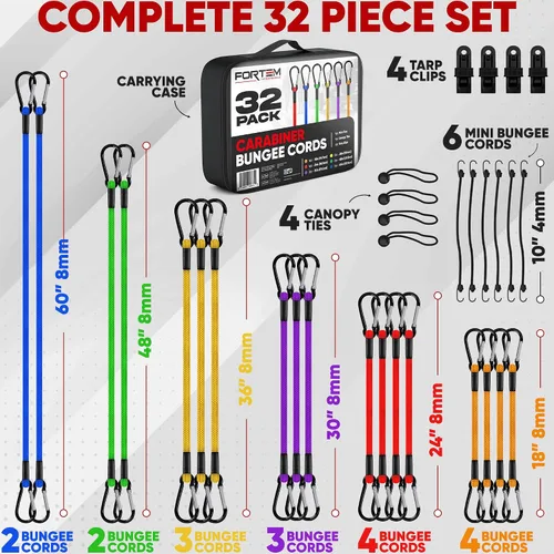 Miniatura 3 de FORTEM Surtido de cuerdas elásticas con mosquetón, paquete múltiple de 32 cuerdas elásticas, incluye cuerdas elásticas de 18", 24", 30", 36", 48