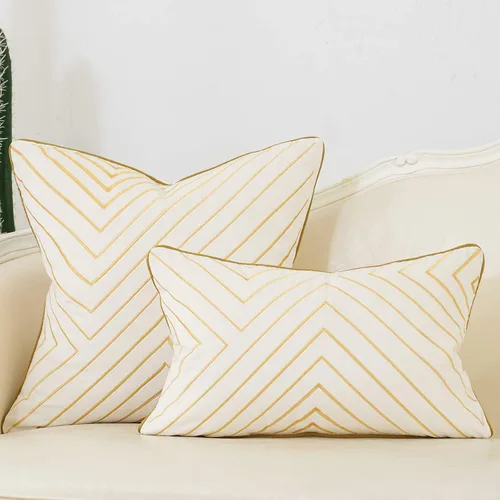 Miniatura 6 de Avigers Funda de cojín de terciopelo con líneas geométricas bordadas a rayas blanco dorado de 12 x 20 pulgadas, funda de almohada lumbar decorativa
