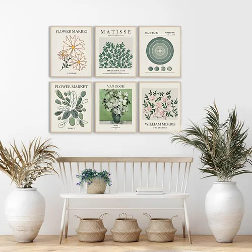 Miniatura 8 de Juego de 6 piezas de arte abstracto bohemio para pared, impresiones modernas de flores y lienzo Matisse verde salvia, sin marco, de 8 x 10 pulgadas