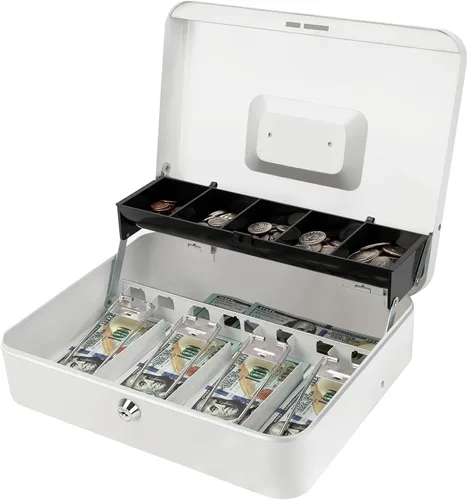 Miniatura 24 de Jssmst Caja grande de metal con cerradura con bandeja de dinero, caja de dinero con cerradura de combinación, color negro Cerradura de combinación