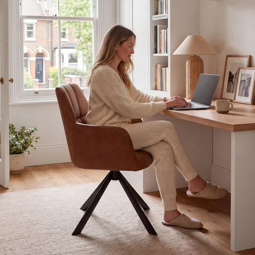 Miniatura 8 de EALSON Cómoda silla de escritorio de cuero, moderna silla de trabajo para computadora, sin ruedas, silla giratoria con brazo de respaldo medio