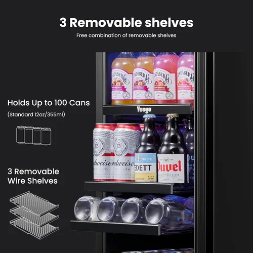 Miniatura 5 de Yeego Refrigerador de bebidas – Mini refrigerador de 100 latas de 15 pulgadas con puerta de vidrio, enfriador de bebidas de 34 a 54 ℉, integrado
