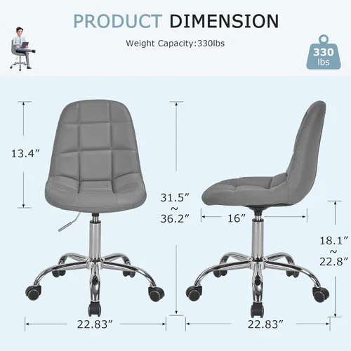 Miniatura 2 de VECELO Silla de escritorio para casa y oficina sin brazos, altura ajustable, de piel sintética PU, giratoria 360 grados con ruedas, elegante y Gris