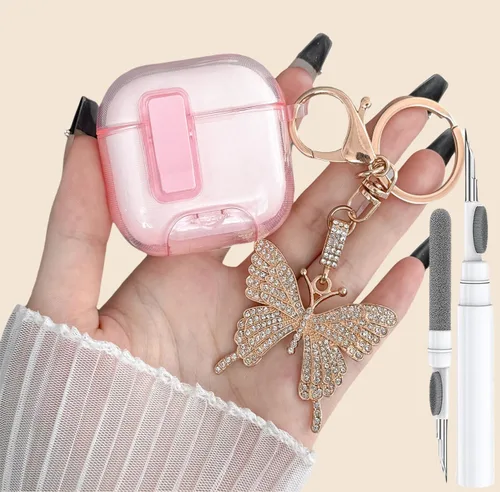 Bonita funda rosa para Airpods de 4 generación con cerradura y llavero de mariposa brillante para mujeres femeninas, funda rígida transparente única