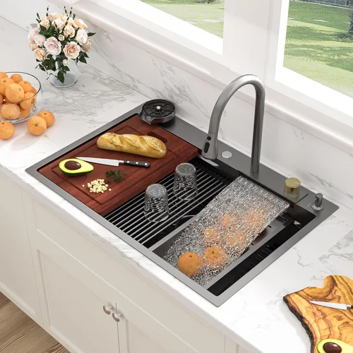 Miniatura 29 de Sarlai 15 Fregadero de Barra de 15x15 Pulgadas para Cocina, Fregadero de Barra de Acero Inoxidable de Calibre 16, Estación de Trabajo con Repisa
