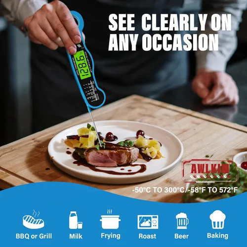 Miniatura 5 de Termómetro de carne de lectura instantánea rápida con luz de fondo, sonda digital impermeable para alimentos, para asar a la parrilla, cocinar, Azul
