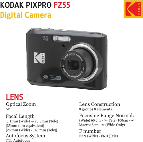 Miniatura 6 de KODAK PIXPRO FZ55 - Cámara digital de 16 Mp de punto y disparo, zoom óptico 5X, ángulo amplio de 28 mm, video Full HD 1080P, paquete con tarjeta SD