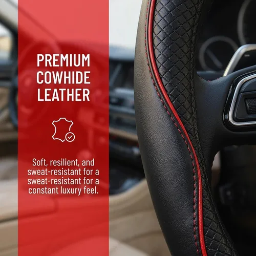 Miniatura 4 de Protector de volante Yunanwa Universal de 15 pulgadas de cuero auténtico reforzado duradero con diseño deportivo de ola, Negro + rojo