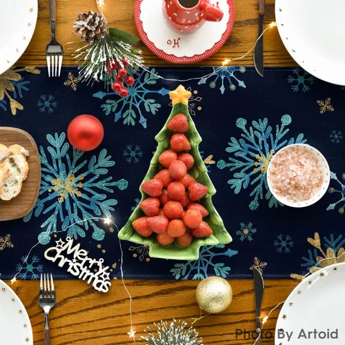 Miniatura 4 de Artoid Mode Camino de mesa hexagonal con copos de nieve azules de invierno, decoración de mesa de cocina para Navidad, para fiestas en el hogar al