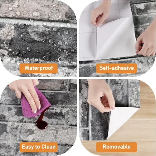 Miniatura 8 de Wallercity Papel tapiz de ladrillo gris para despegar y pegar, papel tapiz de imitación de abeto para pared, papel tapiz de piedra gruesa, vinilo